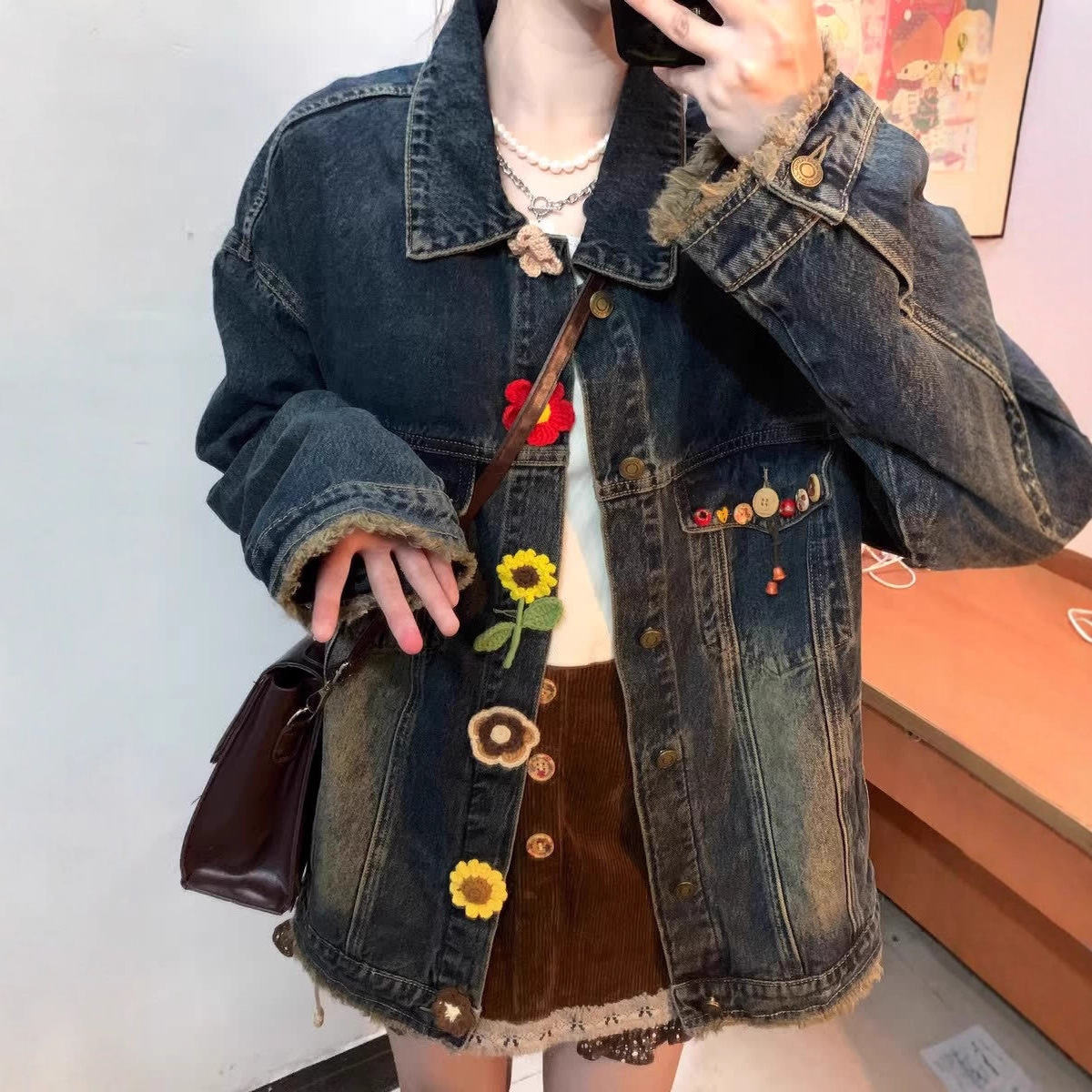 美式复古风牛仔重工花朵休闲女秋季立体时髦水洗夹克上衣百搭外套