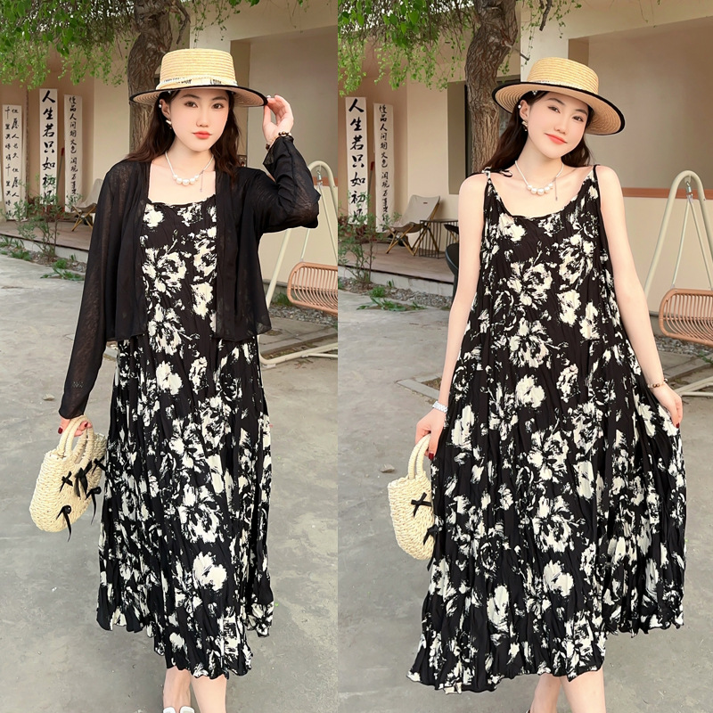 2025夏季新版加大码200斤法式印花南韩纱吊带裙套装搭针织外套女