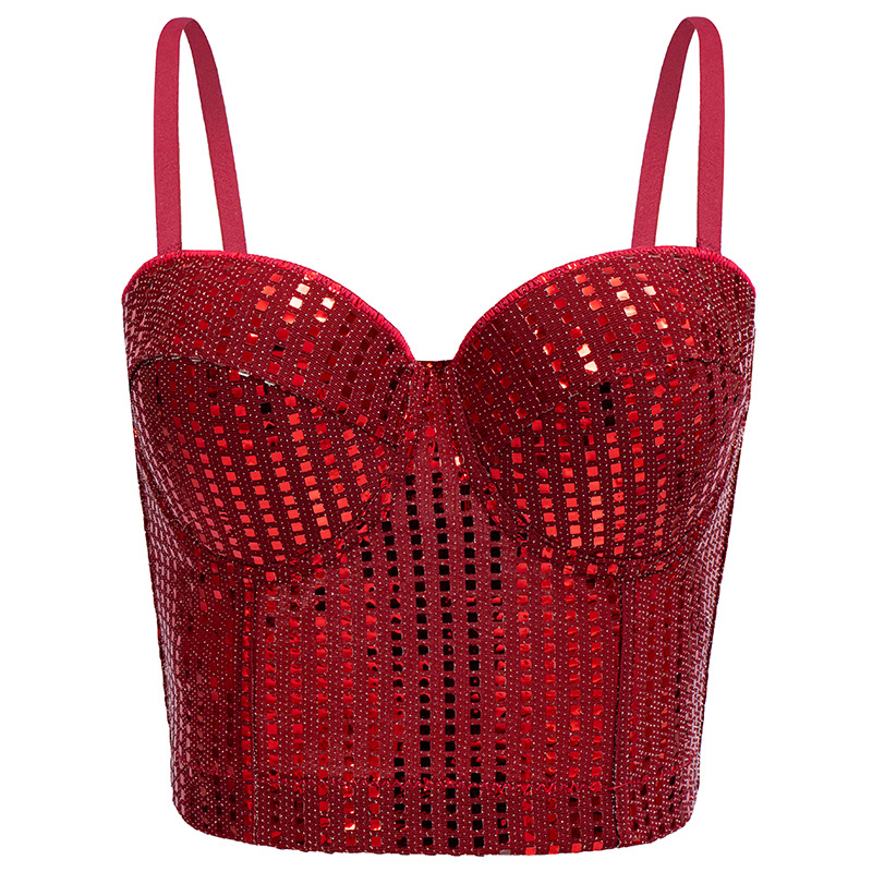 Cross-Border European and American Sexy Hot Girl Style Sequined Fishbone Lace Camisole with a Stylish Design for Outerwear, Featuring Chest Pads and Underwire Bra