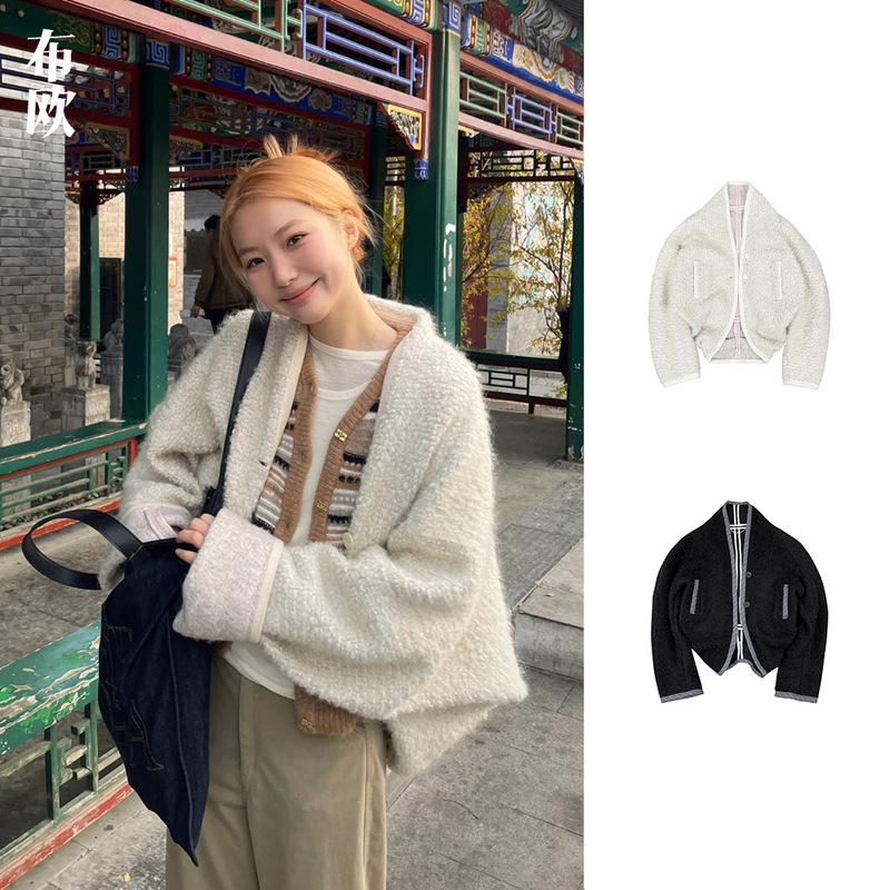 Nana's Same Style Original Fabric 27.4% Sheep Wool 10% Mohair Off-Shoulder Loose Wool Coat