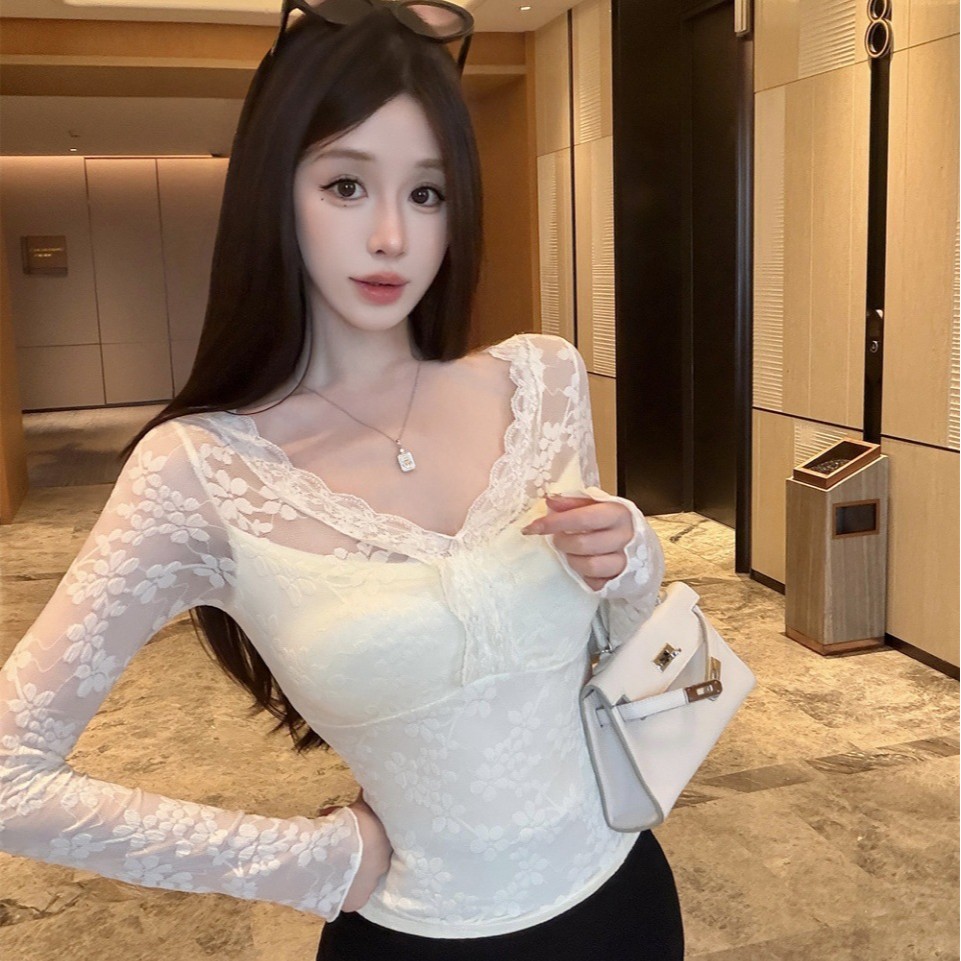 5276 # Pure Desire Style Lace Long Sleeve V-Neck T-Shirt for Women, New Slim-Fit, Figure-Flattering, Hot Girl Inner Layer Top with Built-in Bra Pads