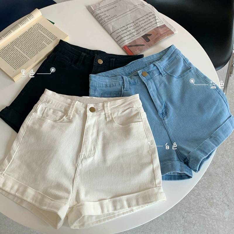 Denim skort shorts, women's high-waist A-line summer casual, sizes S–2XL, black white blue