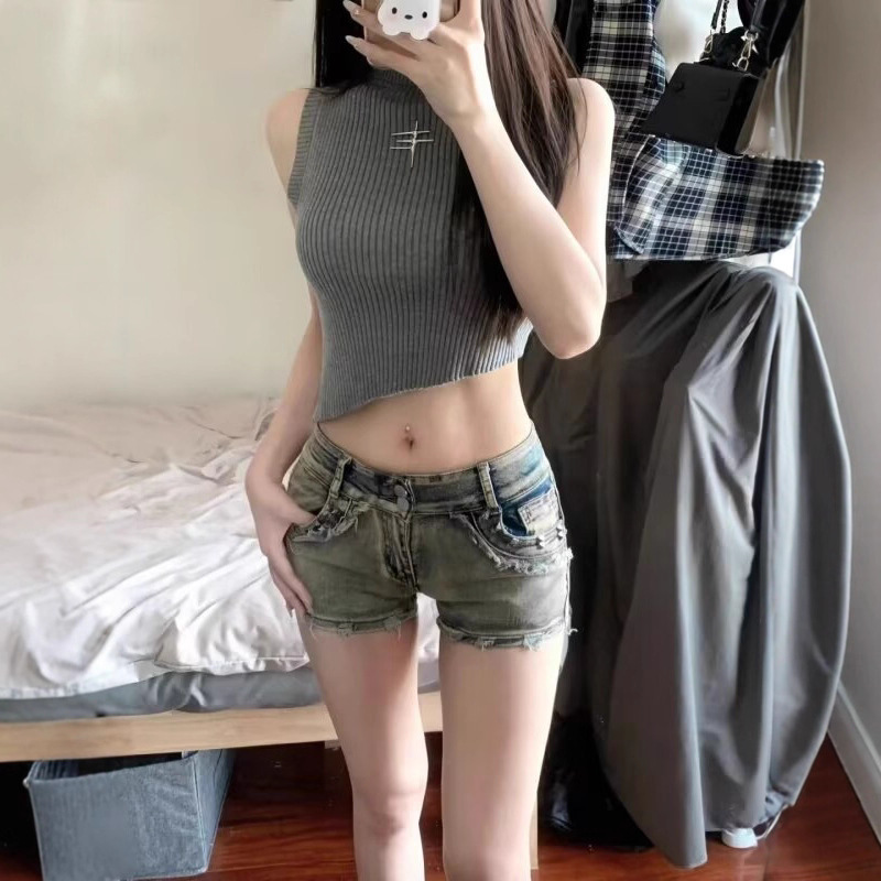 Summer Distressed Washed Ultra-Short Hot Pants for Women, New Versatile Petite Spicy Girl Low-Rise Cargo Denim Shorts