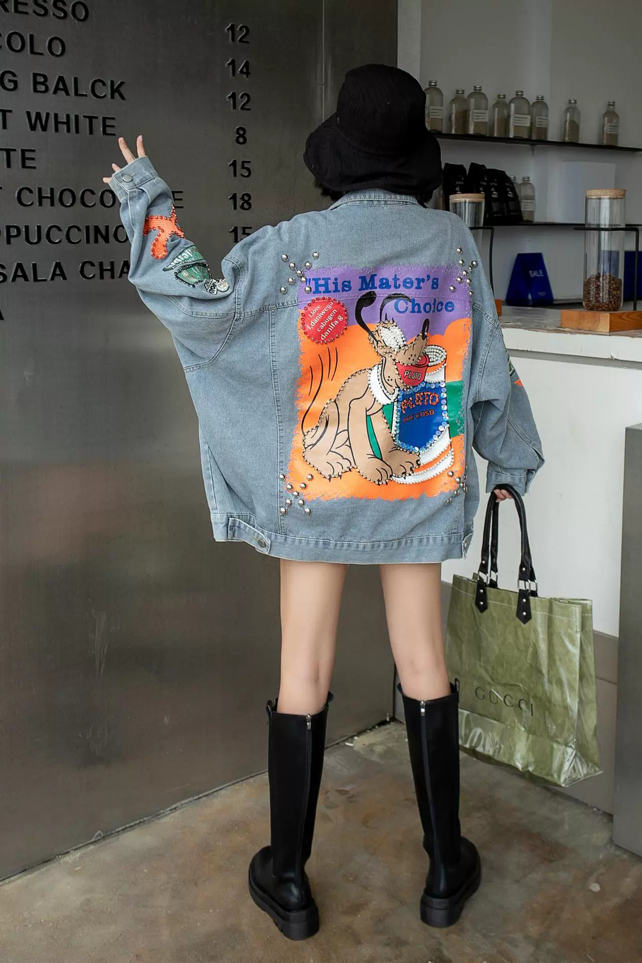 Европейская станция 2021 осень новая тяжелая промышленность яркий Алмазный мультяшный узор Мода Плюс Размер Свободное тонкое джинсовое пальто женское