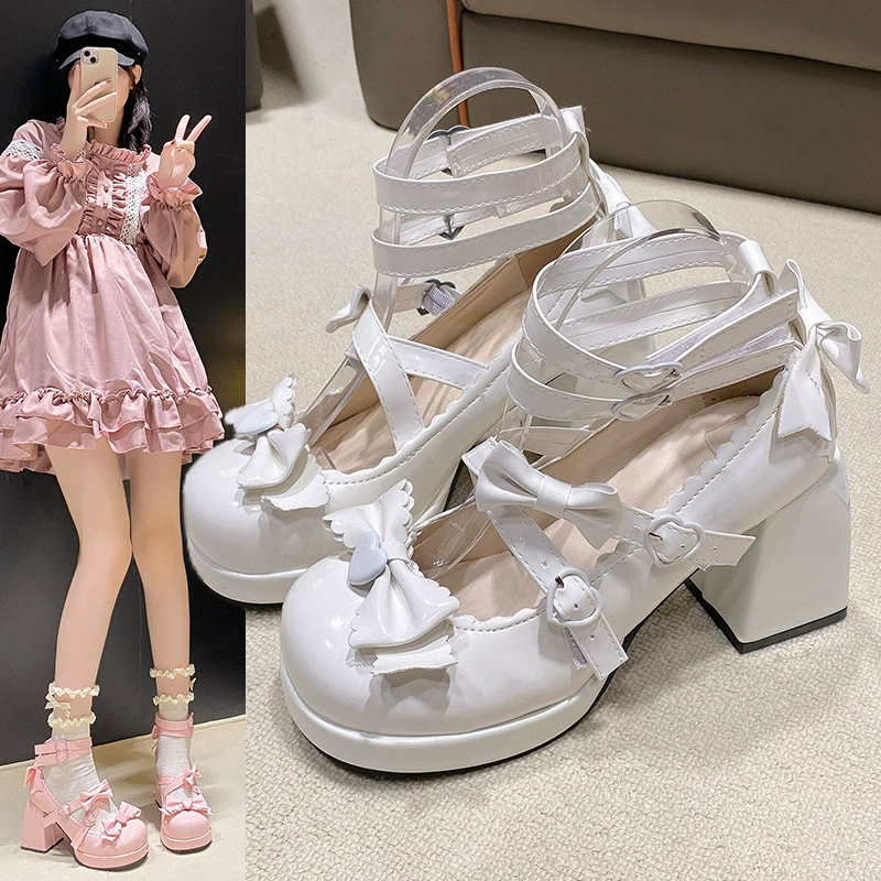 Маленькие кожаные туфли с бантом милые Мэри Джейн туфли 2025 новая девушка Лоли сладкие кружевные туфли с толстым каблуком