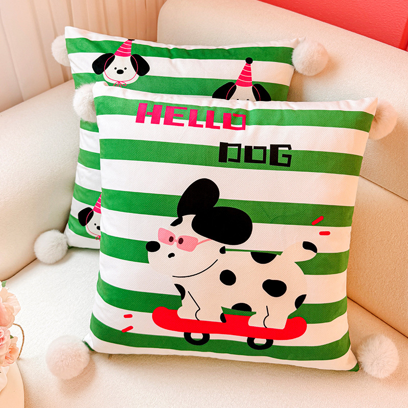 Skateboard Puppy Rayas Almohada verde Funda de almohada Sala de estar Sofá Almohada Impresión de cabecera Almohada de cintura abstracta con bola de pelo