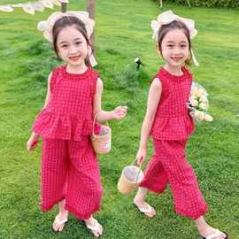2026新款女童红色格子花边阔腿裤时髦套装儿童甜美夏装宝宝两件套