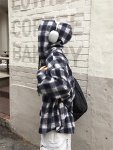 厂家直销MRDONG韩国代购男女款慵懒风落肩时尚格子OS羊毛混纺连帽