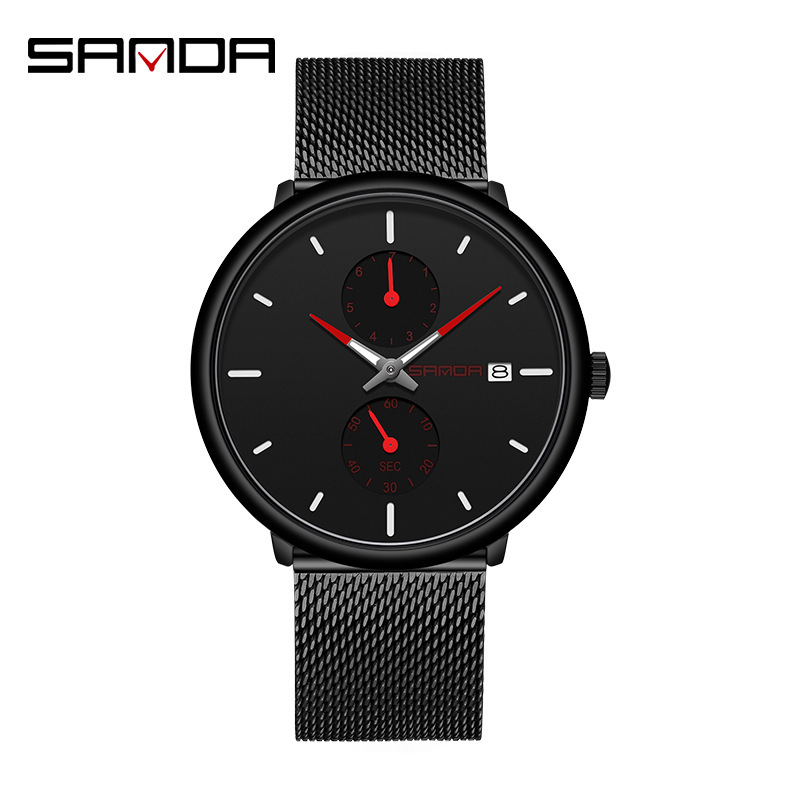 Sanda 1115 nuevo cinturón deportivo calendario impermeable reloj de cuarzo Moda simple hombres malla Correa reloj