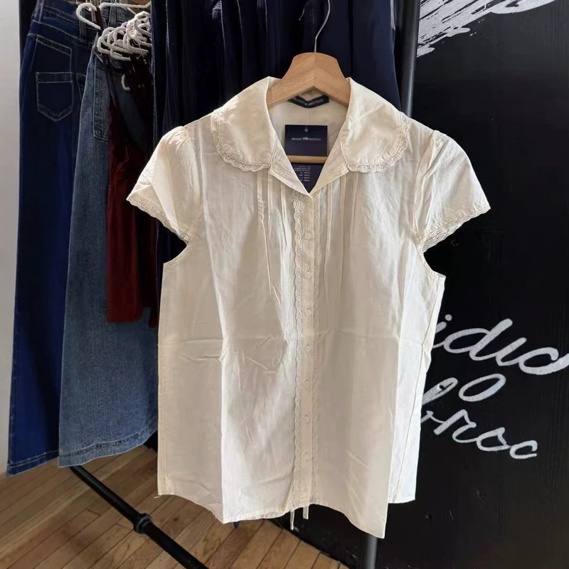 Bm Style New Beige Doll Collar Shirt for Women, Bm Lace Trim Button Short-Sleeve T-Shirt, Waist-Tie Top for Summer