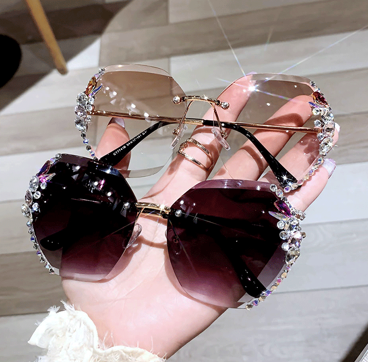 Elegant Solid Color Pc Oval Frame Rhinestone Frameless Women's Sunglasses display picture 2