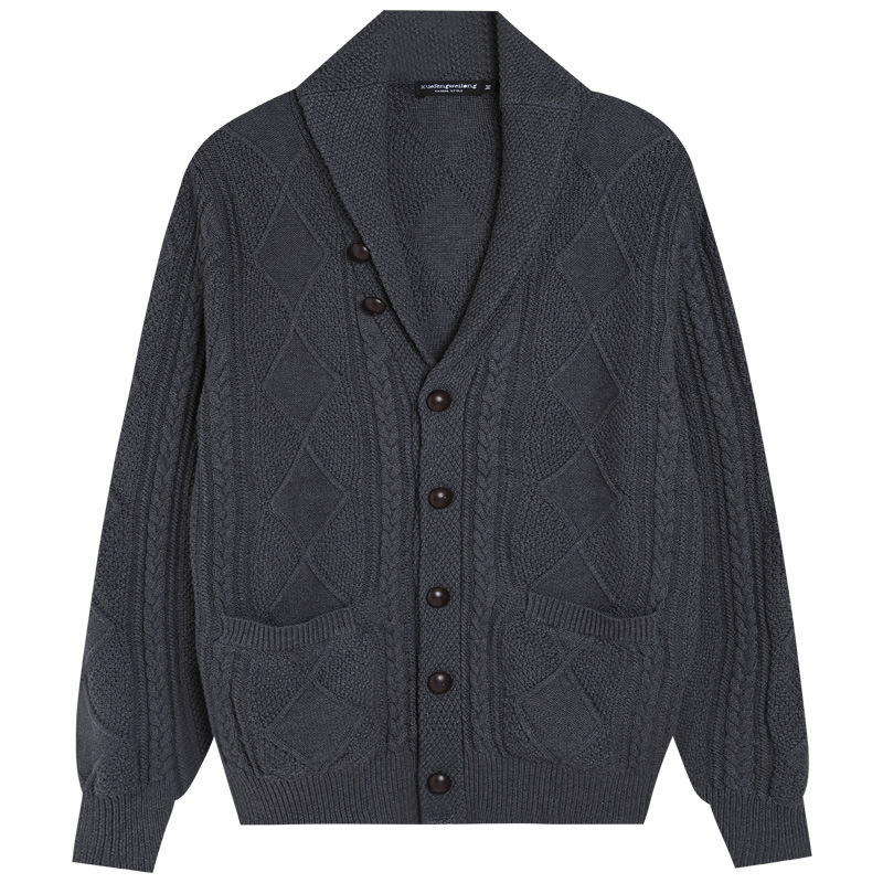 Spring and Autumn new men's cotton suit V-neck button solid color Jacquard knitted cardigan thickened jacquard long sleeve coat