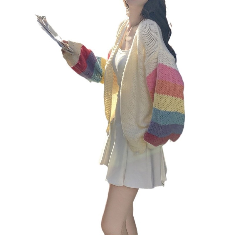 甜美少女风彩虹条纹V领针织开衫女韩系秋冬温柔时尚洋气毛衣外套|undefined