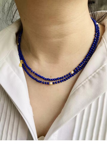 3mm Extra Fine Natural Lapis Lazuli Necklace/Bracelet with S925 Silver Accents Retro DIY Design Double Loop Women's Lockchain