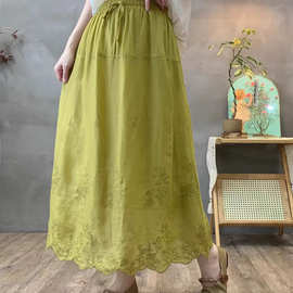 花社2026春夏新款文艺复古刺绣苎麻半身裙女高腰显瘦A字裙中长款