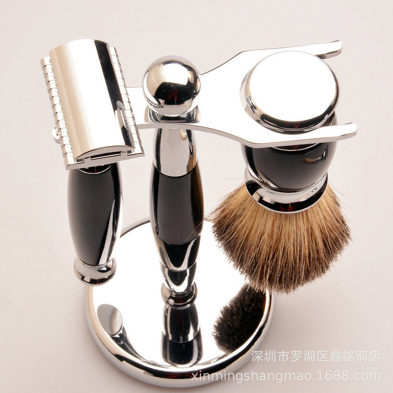 Factory supply badger hair foam beard brush set manual razor set shaving set metal holder