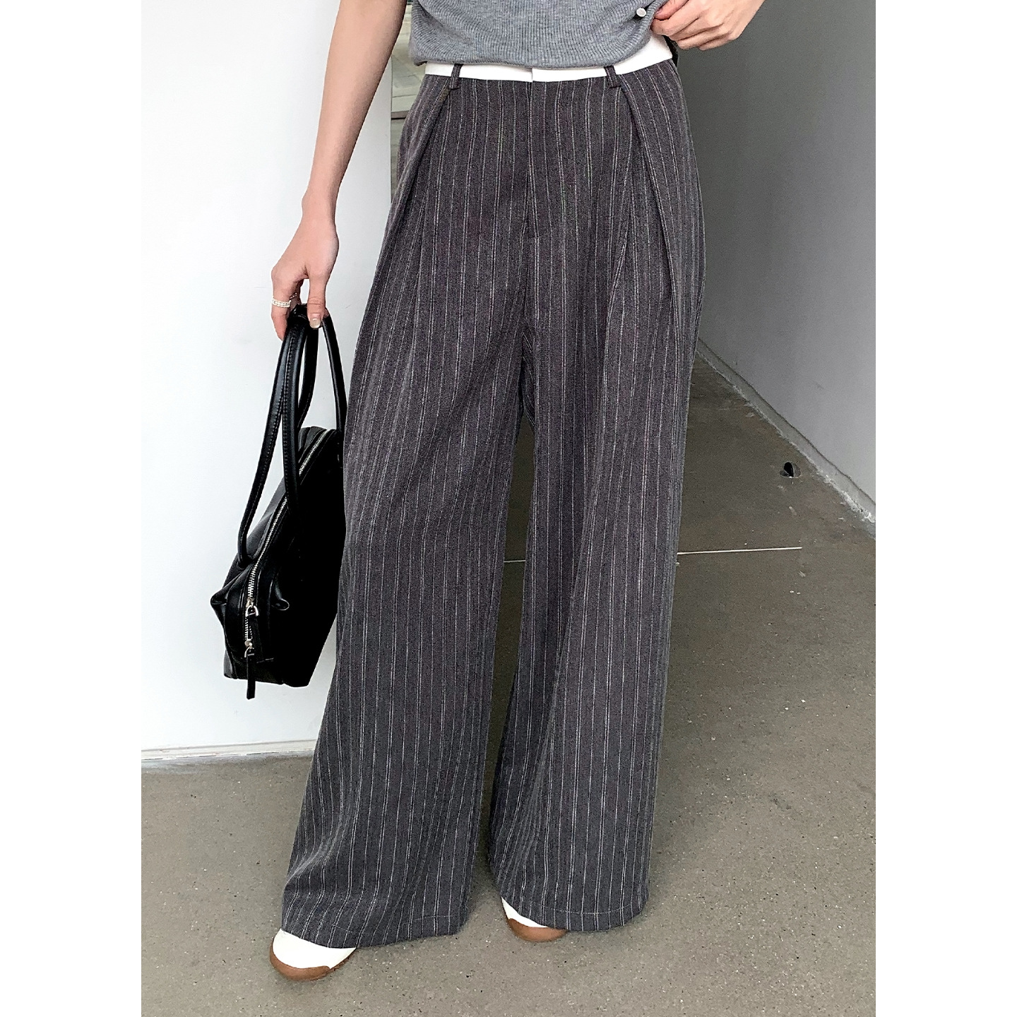 Yi Er Shirt Leg Essence Contrast Color Vertical Stripes Showing Long Legs Wide Leg Casual Pants Women's Straight-Leg Commuting Temperament Trousers 0322