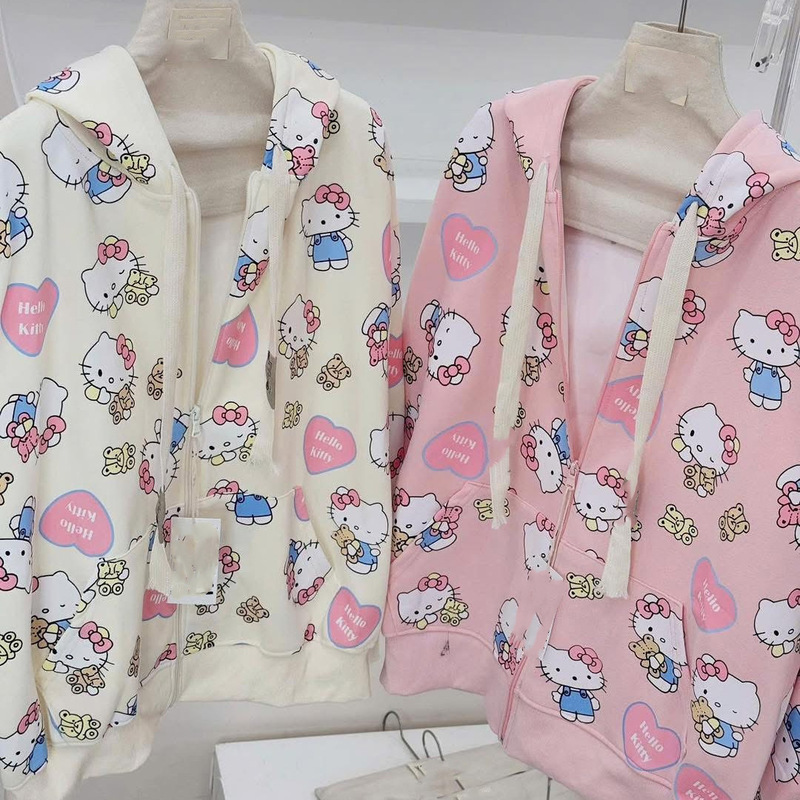 甜美可爱卫衣女秋冬季Hello Kitty粉色长袖连帽外套拉链宽松上衣