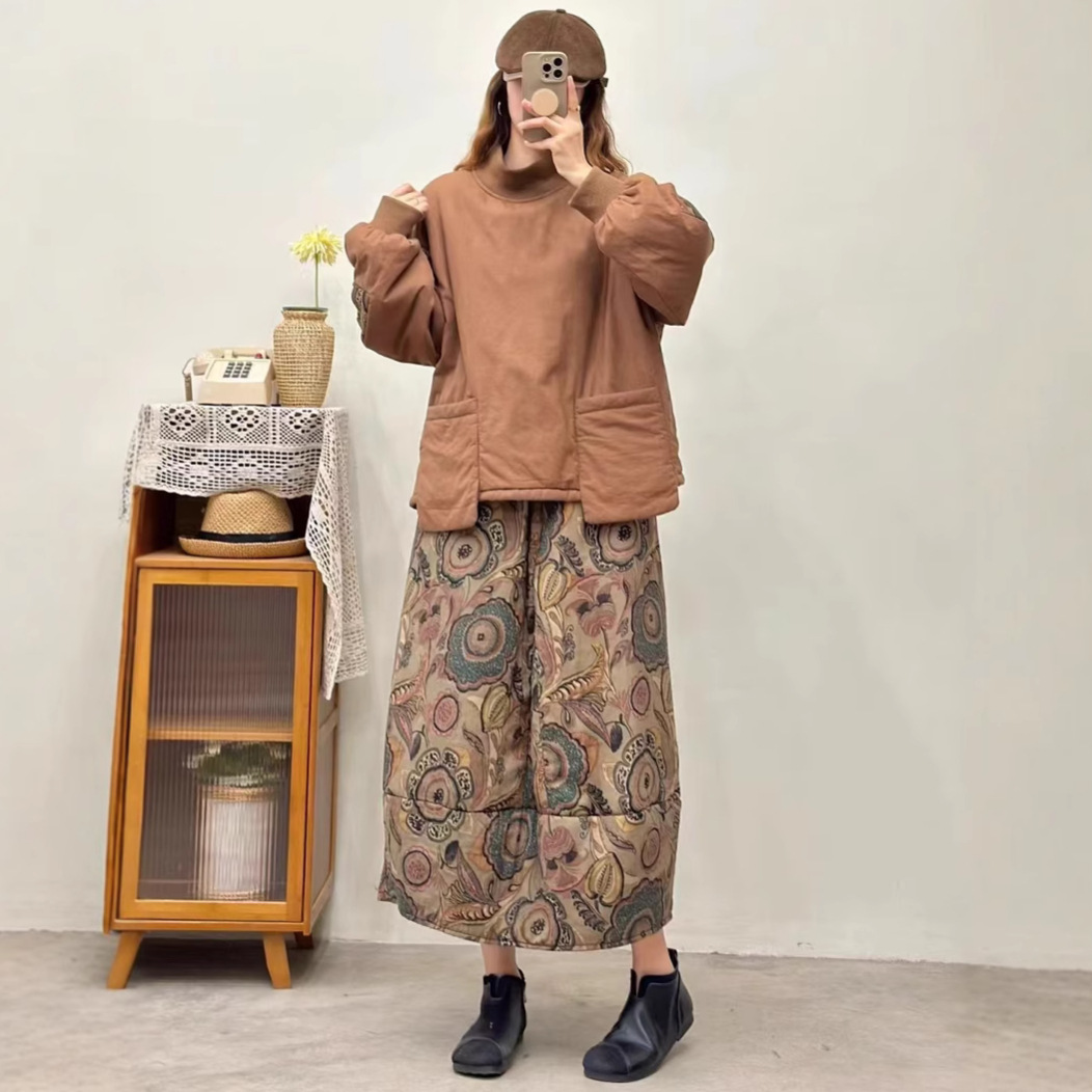 半高领夹棉卫衣短外套女冬复古森系印花灯笼袖棉衣印花半身裙套装
