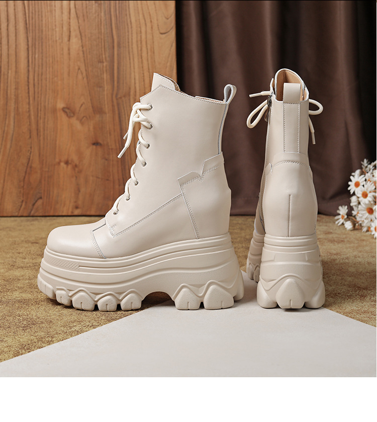 Boot nữ da thật đế dày tăng chiều cao 12 cm dây buộc cổ thấp — Đen lót nhung chi tiết 21
