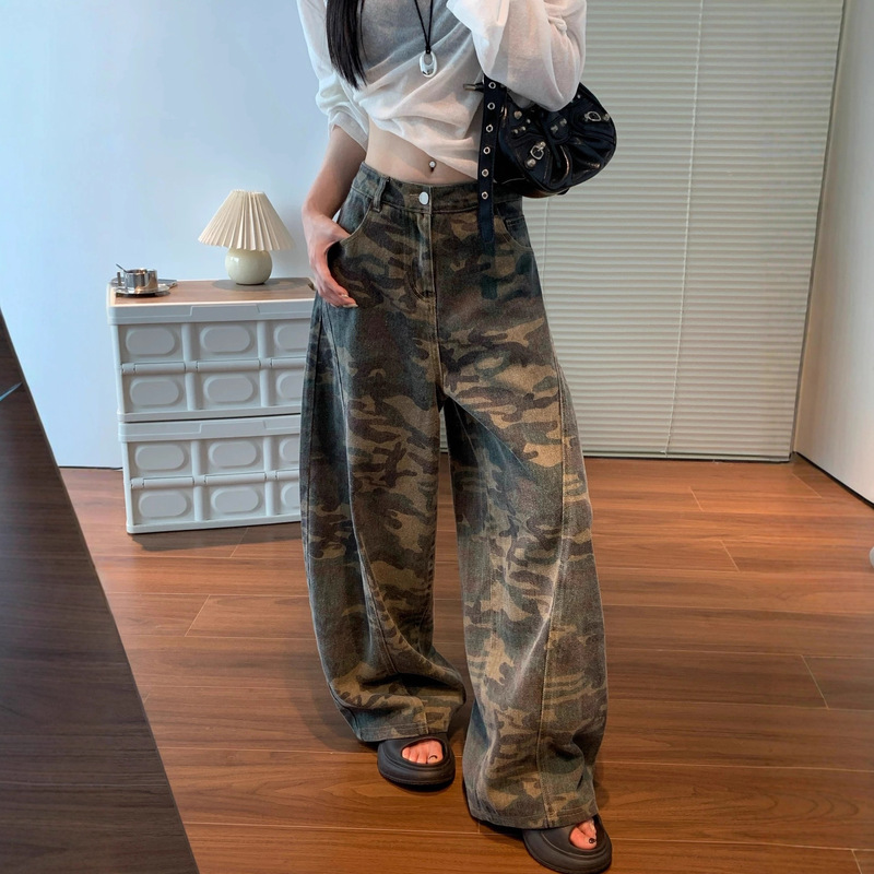 Washed Cotton Camouflage Work Pants for Women, Cool and Stylish Casual Wide-Leg Retro Denim Relaxed Long Pants