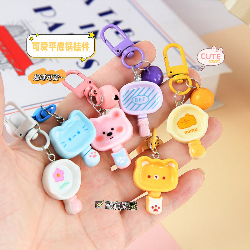 Cartoon frying pan keychain, cute and soft little bear and kitten milk pot hair accessory, fun realistic kitchen utensil keychain