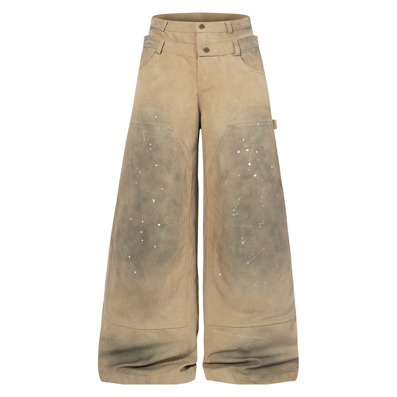 2026 New Retro Double Waistband Distressed Workwear Niche Street Style Jeans Unisex Loose Fit Unique Wide-Leg Pants