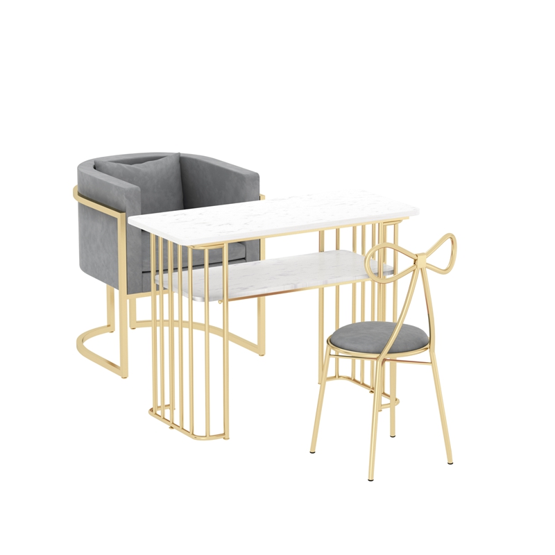 Nórdico de hierro forjado de doble capa de mesa de manicuras de mármol, sofá y silla red, mesa de manicuras de oro para una persona doble