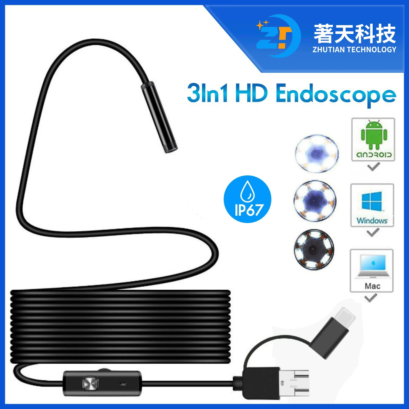 Трансграничный 5,5 мм Мобильный телефон «Три в одном» компьютерный эндоскоп Тип C Разъем Автомобильный эндоскоп для кондиционирования воздуха