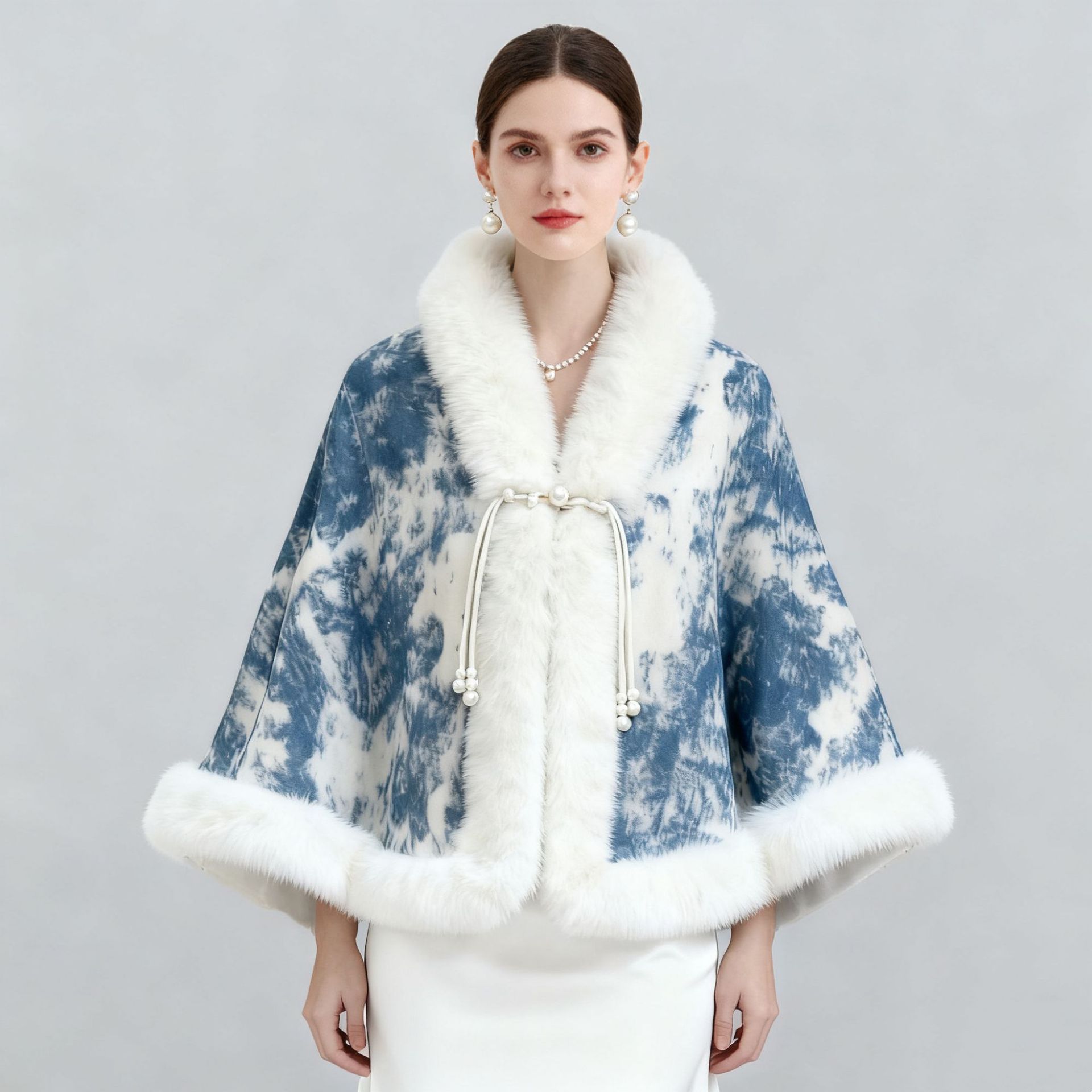 160 # Fleece-Lined Thickened Elegant Versatile Cape with Cheongsam Shawl, Republic of China Style Fur Collar Thick Cloak Wholesale from Manufacturer