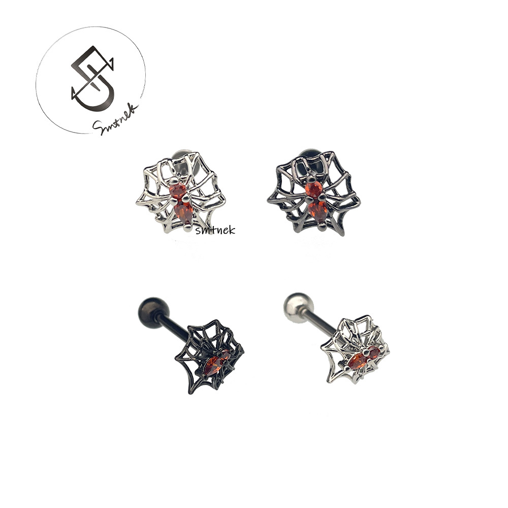 SMTNEK Copper Spiderweb Tongue Nail, Lip Stud, Ear Piercing—Niche Cartoon Design in Titanium Steel