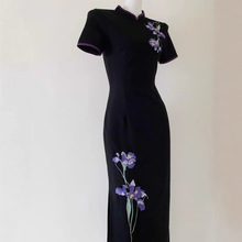 8939#夏季中式改良国风刺绣复古无袖黑色气质港工旗袍裙春夏长裙