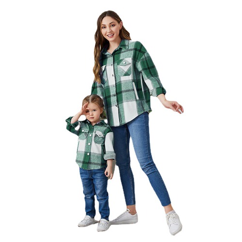 Women's and Men's European and American Style Casual Flannel Family Set Check Collar Button Down Long Sleeve Winter Loose Oversized Shirt