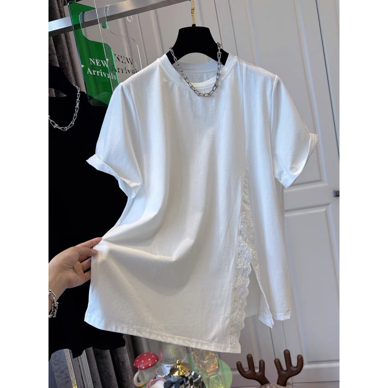 Pure Cotton Plus Size 150.00kg Unique Lace Stitching Irregular Split Short-sleeved T-shirt Women's Loose chubby girl Top Trendy