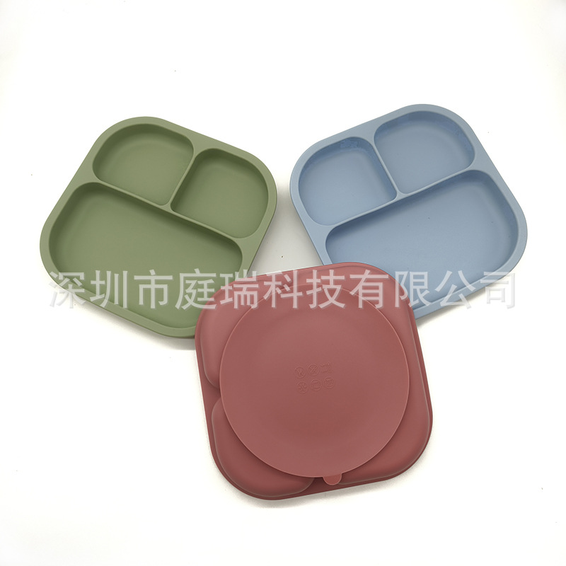 Plato para niños plato de rejilla de silicona cuadrado plato de suplemento de alimentos para bebés integrado tres Placa de rejilla lechón resistente a la caída de calidad alimentaria