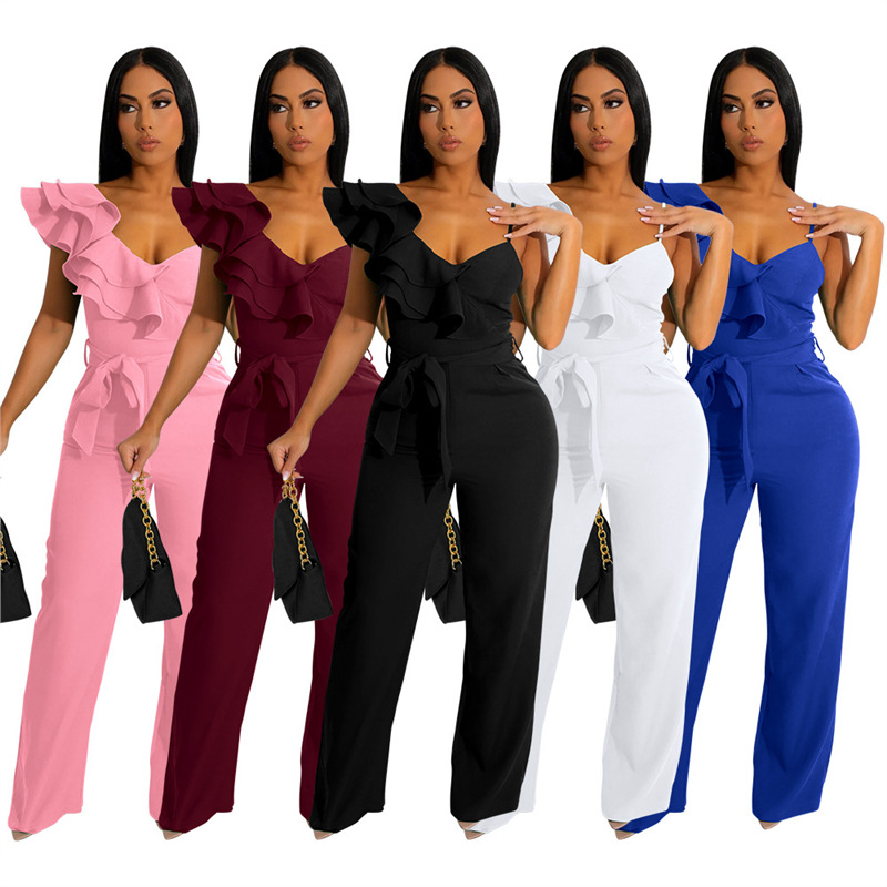 European and American Independent Station Foreign Trade New Fashion Ruffled One-Shoulder Sleeveless Waist-Cinching Deep V Loose Solid Color Jumpsuit for Women