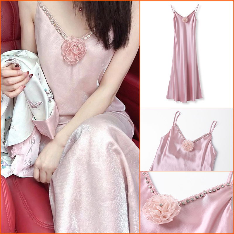 French-Style Pink Three-Dimensional Rose Acetate Suspender Dress, New Model with a Socialite Vibe, Bodycon Long Dress M3059