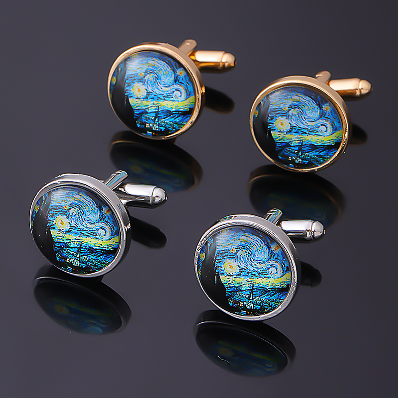 Cross-Border New Product Creative Van Gogh Starry Night Time Gem Men's Cuffs Simple Retro Metal French Cufflinks Wholesale