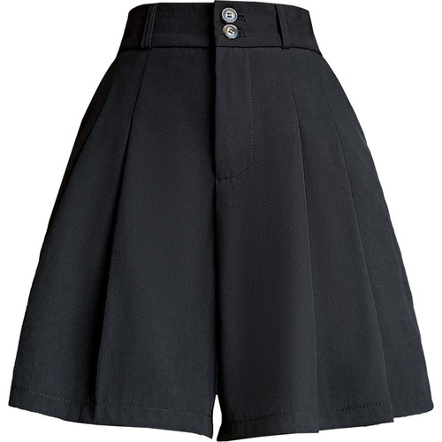 Women's Black Summer Pleated A-line Skirt with Wide-leg Pants, Stylish Outerwear Short Shorts