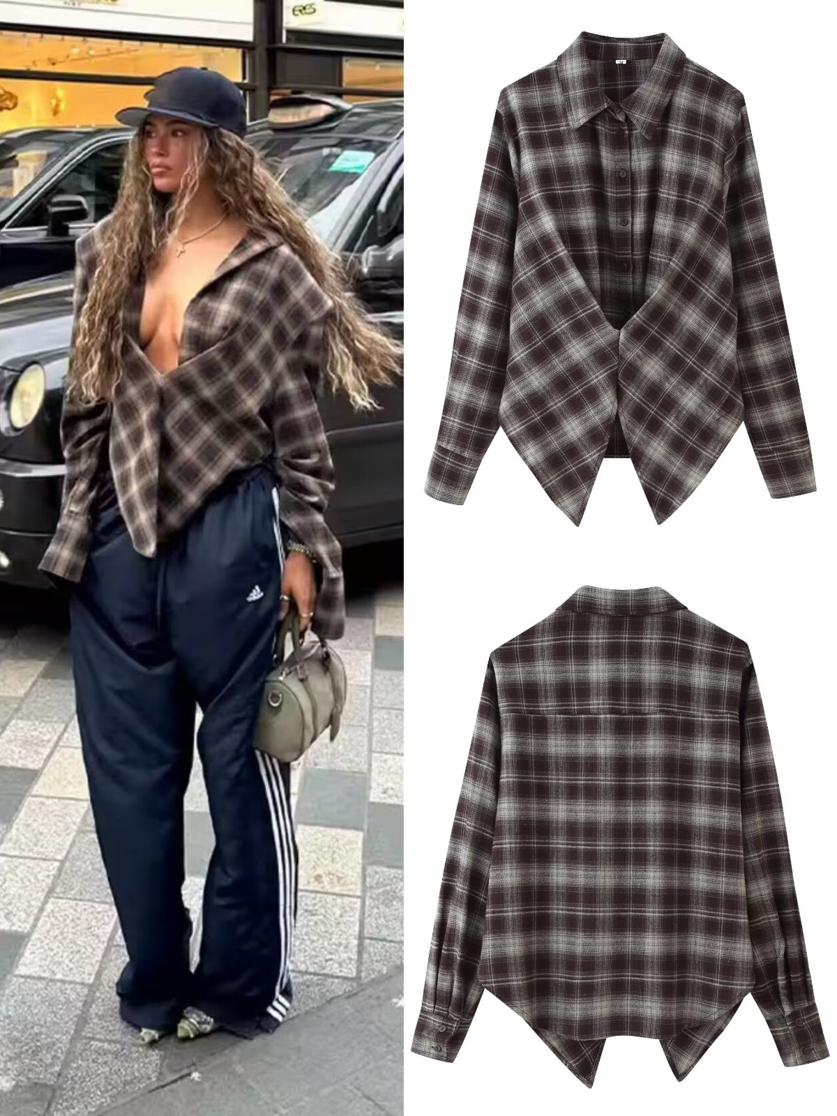 Qadın Plaid Köynək - Uzunqol, Kəmərli, Yay Üçün
