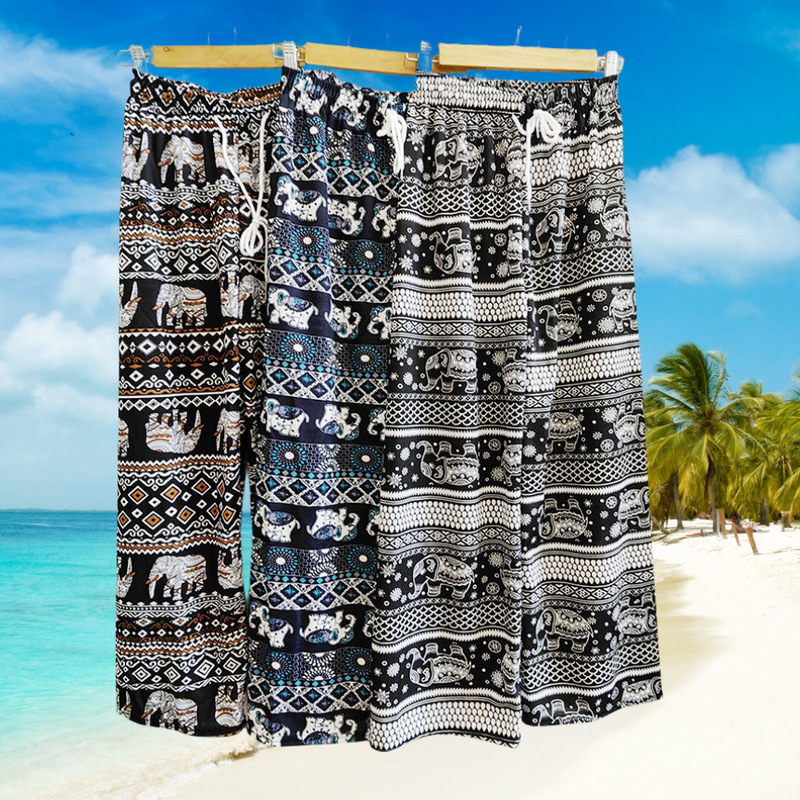 Summer Lightweight Non-Transparent Ethnic Style Elephant Print Wide-Leg Pants for Southeast Asia Travel, Mosquito-Proof Casual Pants for Outdoor Wear, Cross-Border
