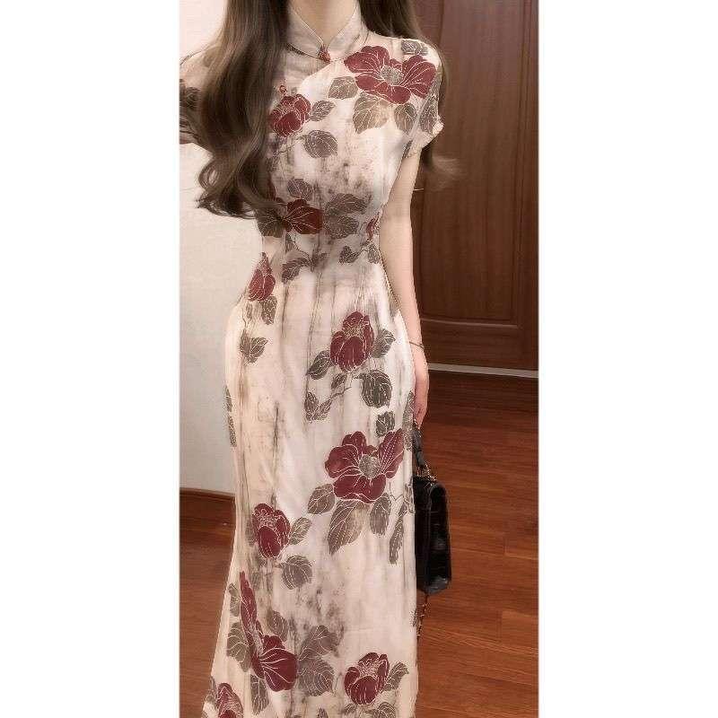 French-Style Rose Vintage Beige Old Shanghai Floral New Chinese-Style Improved Cheongsam Dress Elegant Long Dress French-Style Rose Vintage Beige Old Shanghai Floral New Chinese-Style Improved Cheongsam Dress Elegant Long Dress