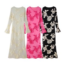 2025新款时尚潮流女装绣花喇叭袖包臀裙后妈纯欲性感辣妹装连衣裙