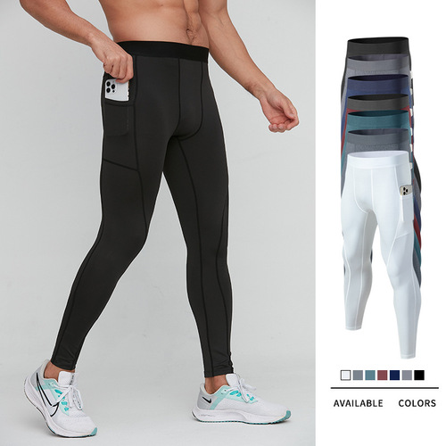 Men's leggings fitness running training pants cross-border breathable quick-drying stretch side pocket leggings