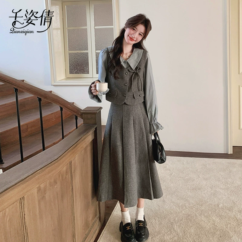 Серый французский костюм для женщин, весна 2025, новый стиль, богатый стиль для дочери, жилет, рубашка, плиссированная юбка, комплект из трех предметов