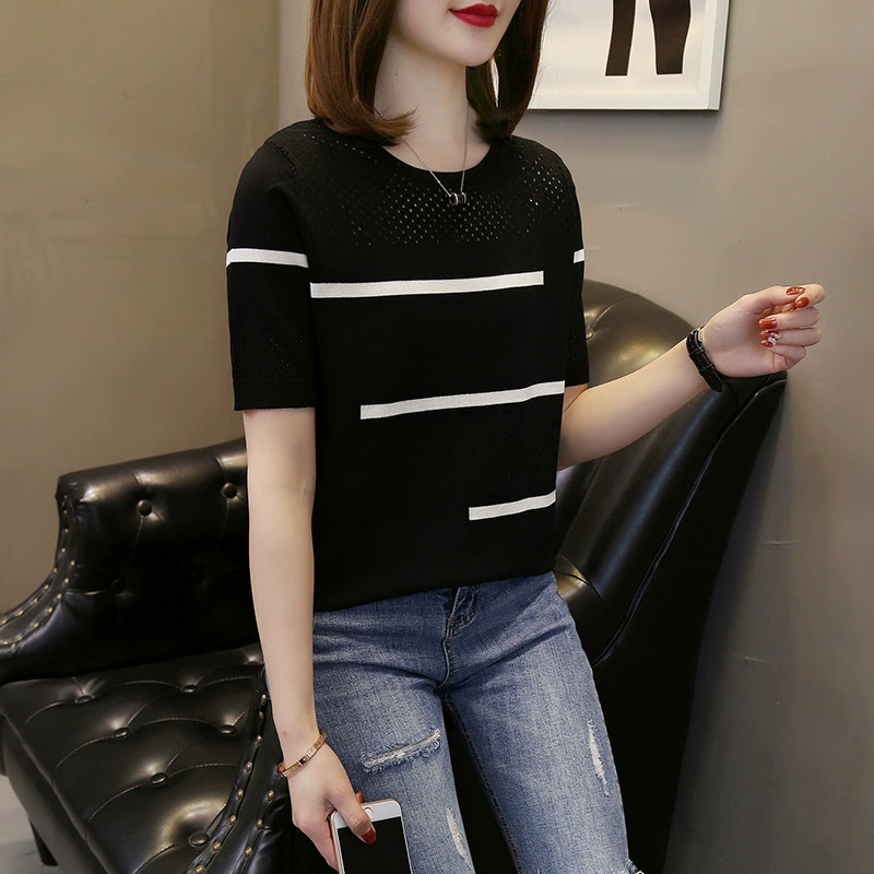 IT2 в полоску вязаный свитер из ледяного шелка женский летний новый шею мода ажурная белая футболка с короткими рукавами топ ins