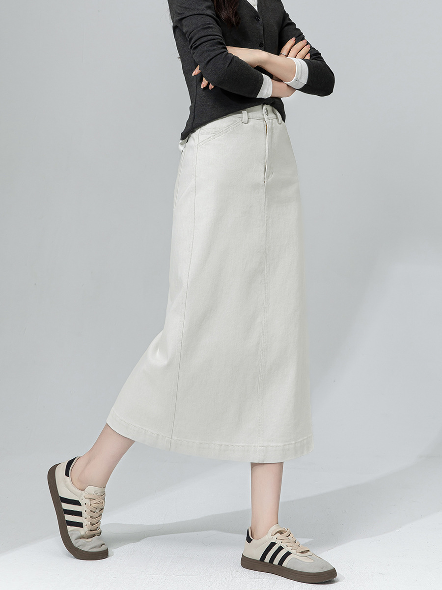 Váy denim trắng nữ cạp cao bút chì phong cách tối giản dài midi — Màu xám trắng