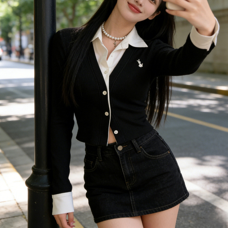 polo collar embroidered long-sleeved cardigan women's spring and autumn design shirt stitching slim short fake two-piece top polo collar embroidered long-sleeved cardigan women's spring and autumn design shirt stitching slim short fake two-piece top
