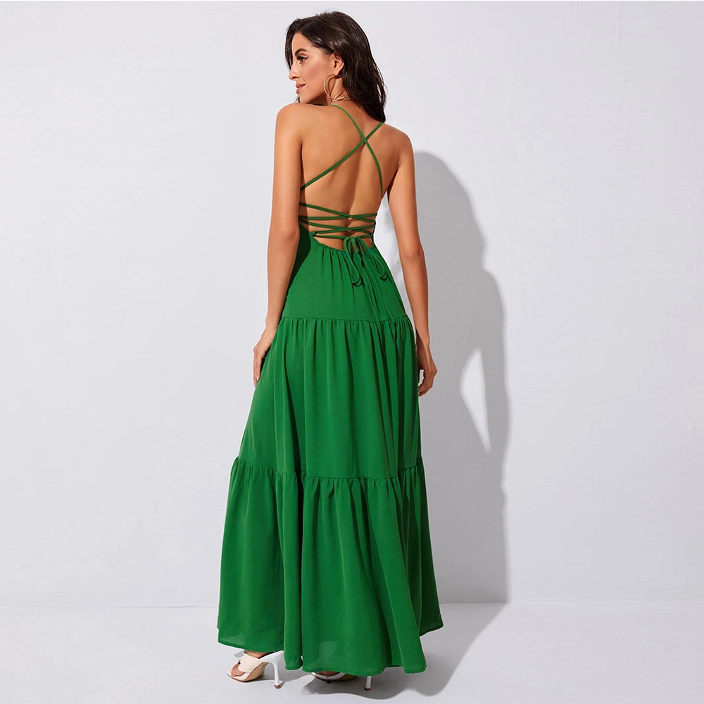 Open Back Suspender Lace-Up Waist Large-Swing Prom Dress NSYSQ112450