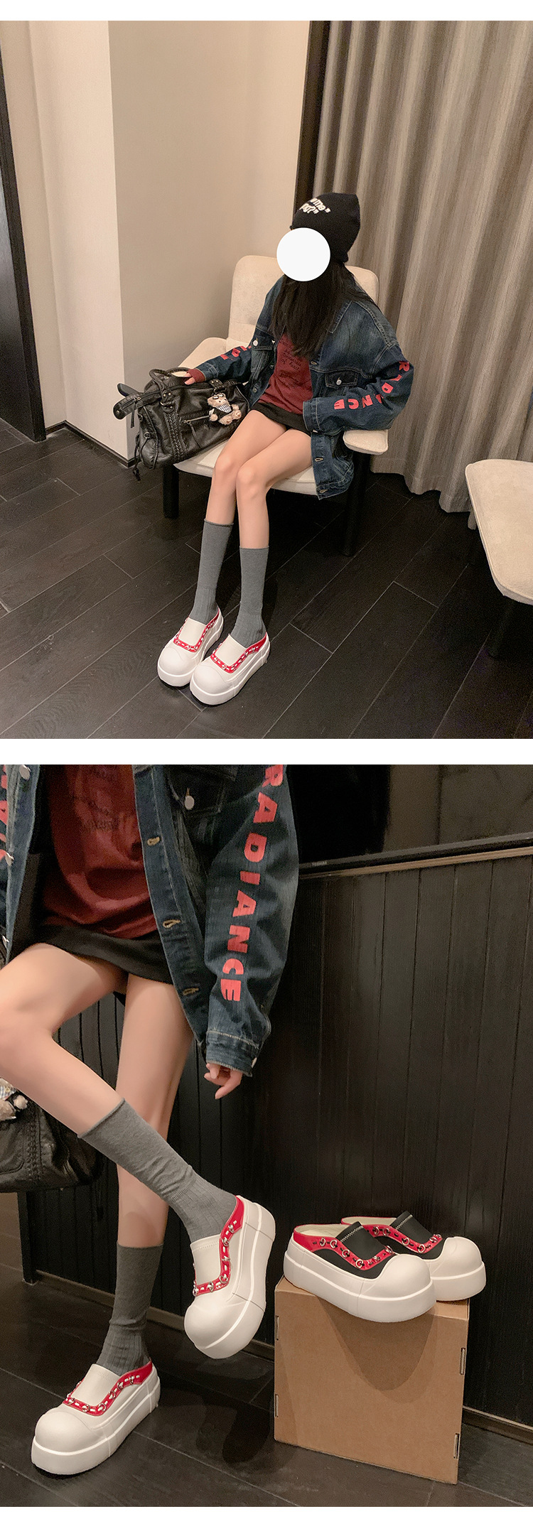 Giày sneaker nữ đế dày mũi to slip-on da thật phối màu — màu đen, màu trắng chi tiết 13